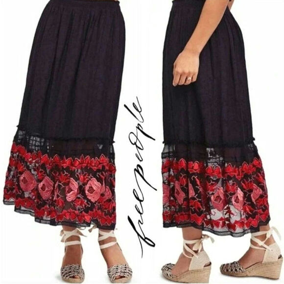 Free People Black Floral Embroidered Skirt Midi Roses Flowy Boho Bohemian Small - Picture 2 of 15